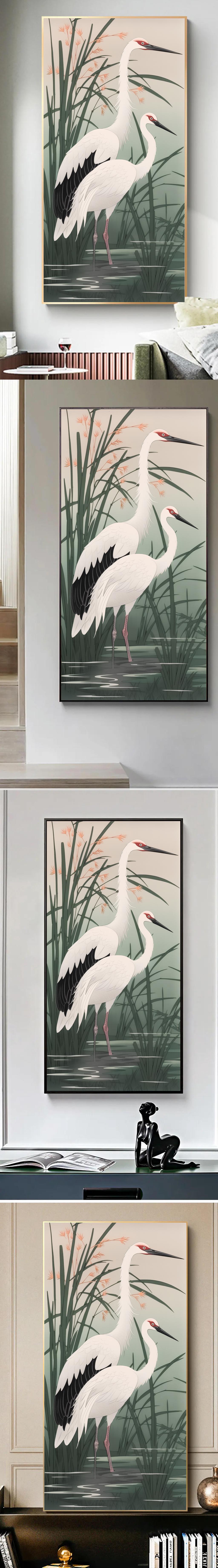 新中式仙鹤手绘油画水草肌理画动物玄关装饰画国下载-编号34003096-花鸟