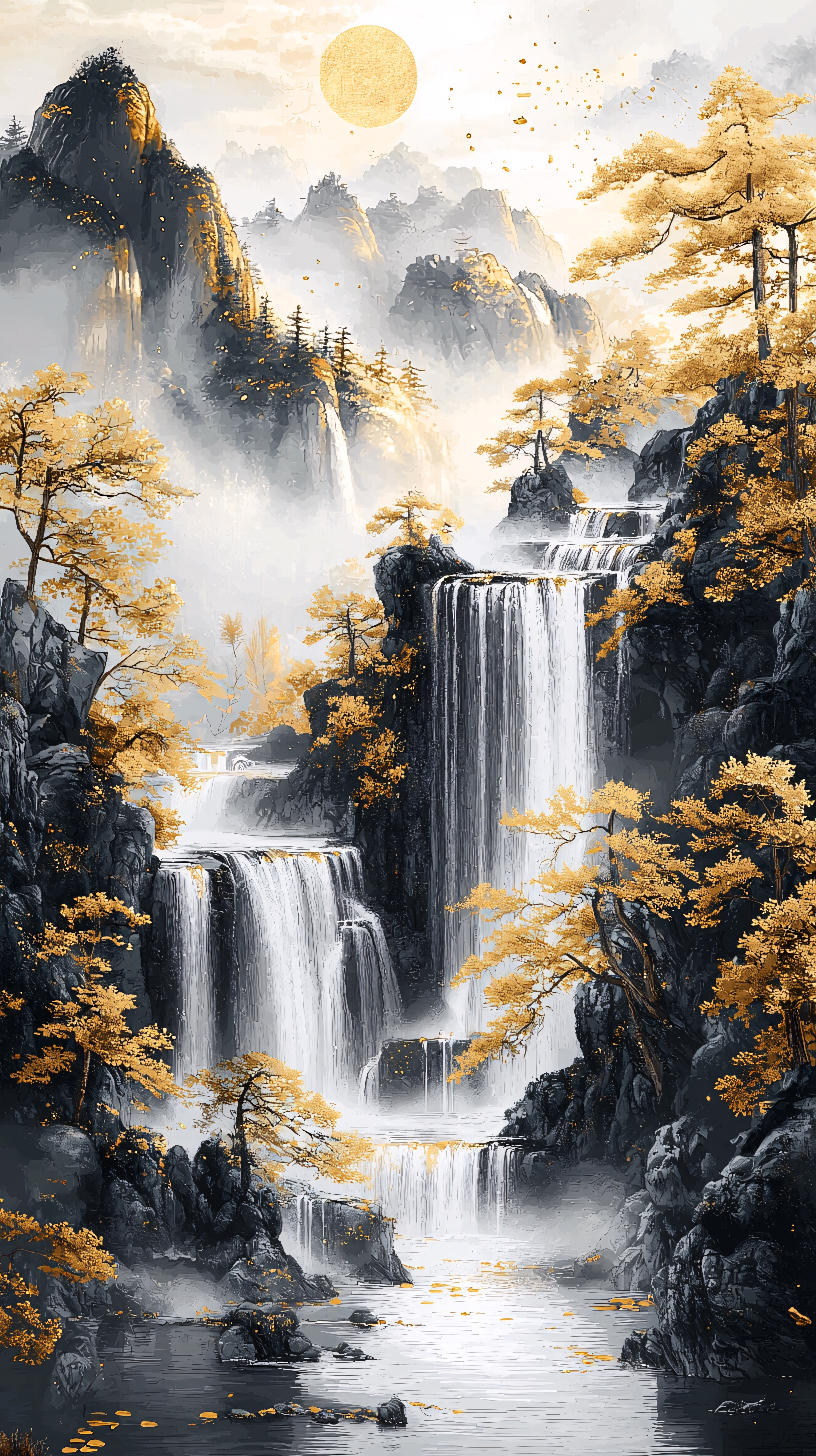 水墨画瀑布图片大全-水墨画瀑布背景图片-我图网