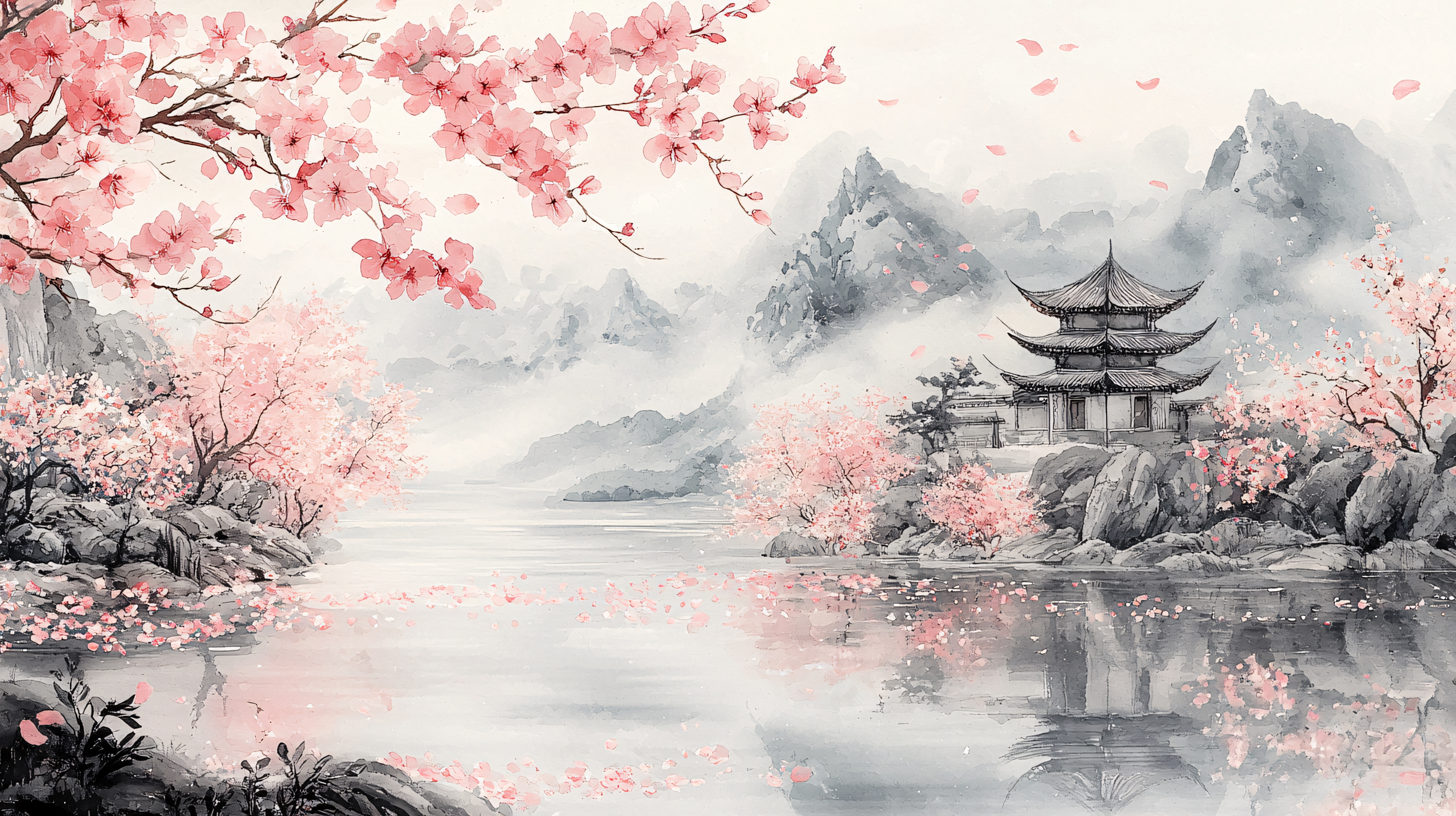 山水樱花国画专题模板-山水樱花国画图片素材下载-我图网