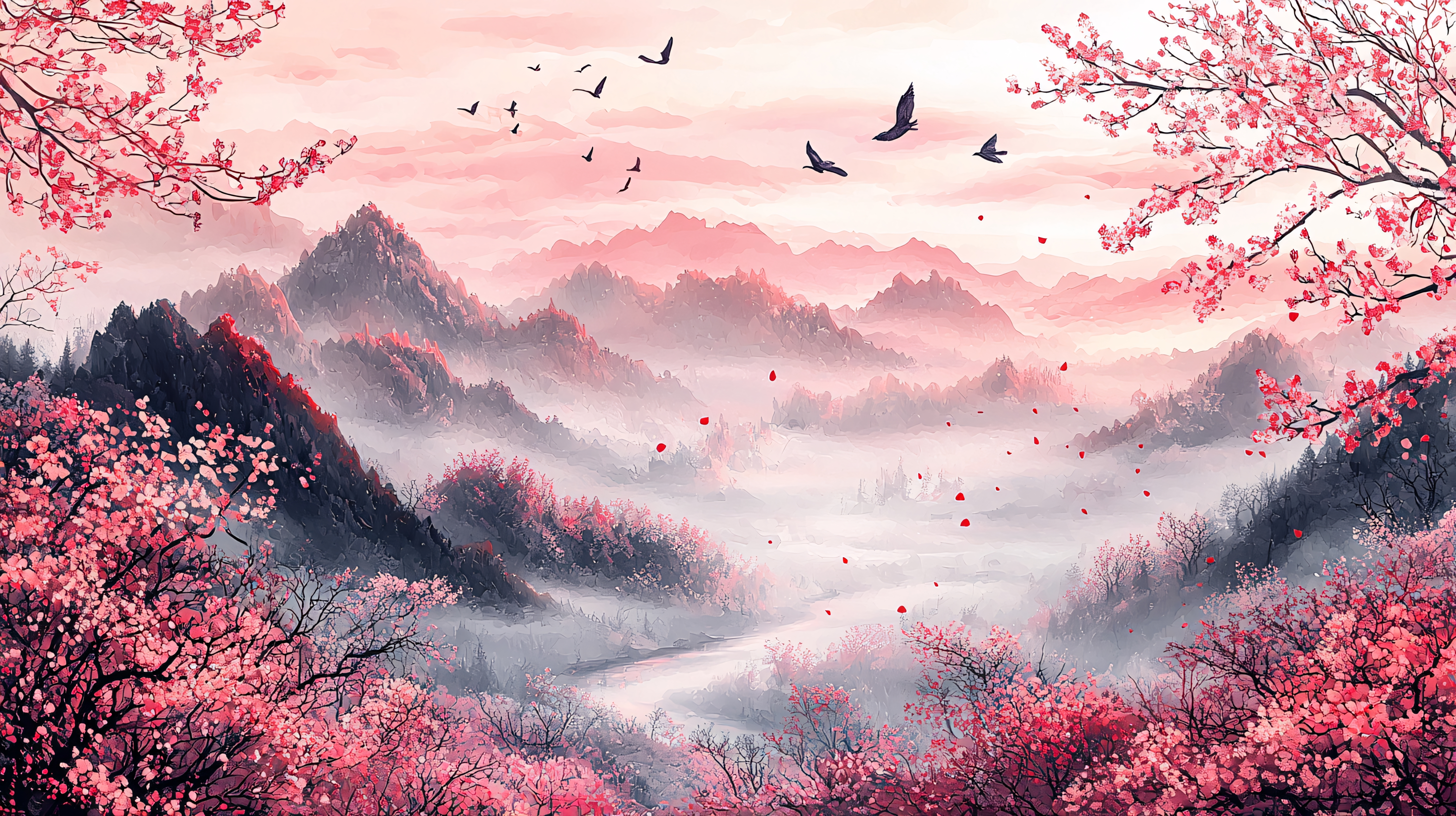 櫻花山水圖 山水樱花国画专题模板-山水樱花国画图片素材下载-我图网