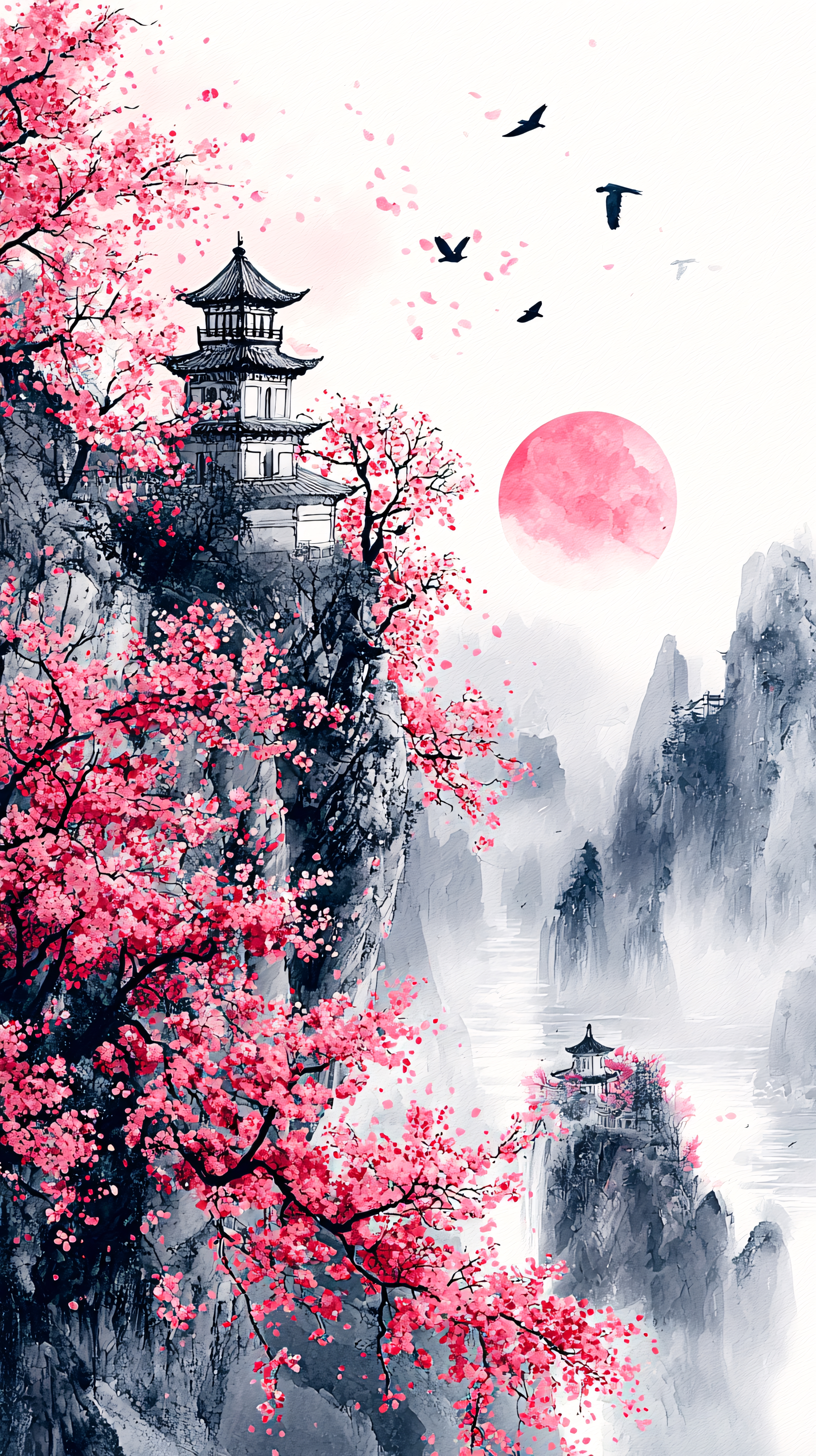 水墨山樱花图片大全-水墨山樱花背景图片-我图网